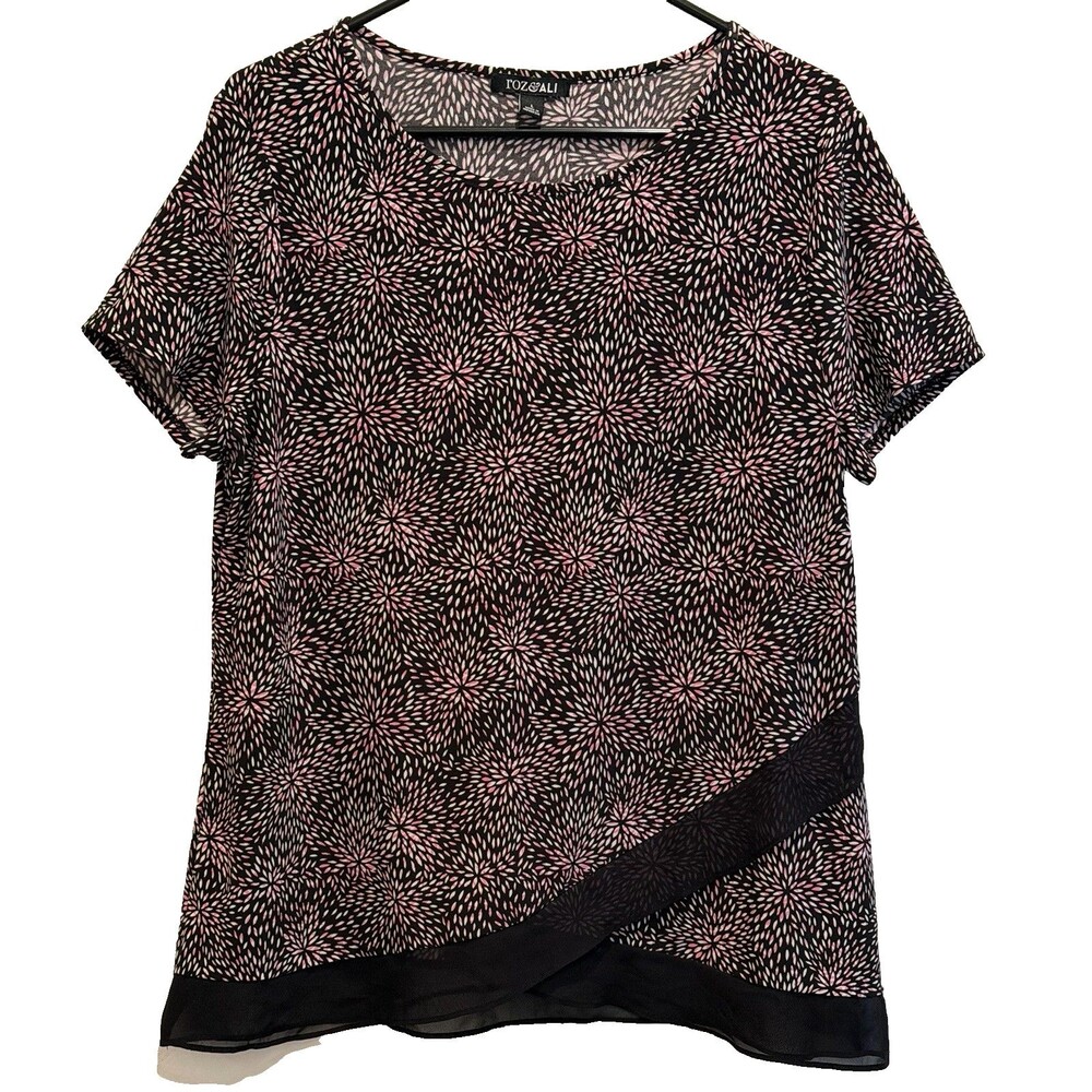 ROZ & ALI Top L Short Sleeve Black Pink Floral Layered Hem Tunic Blouse Stretch